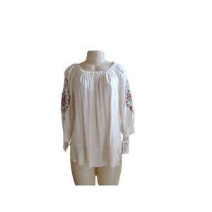 Democracy White Peasant Blouse w Floral Embroidered Sleeves & Tie Cuffs Medium